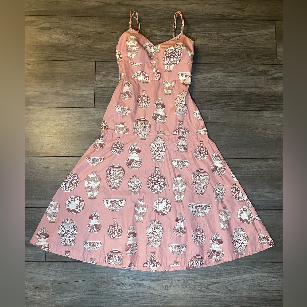 EUC Renata Lozano Tie Strap Pink Vase Print Sweetheart Neckline Midi Dress